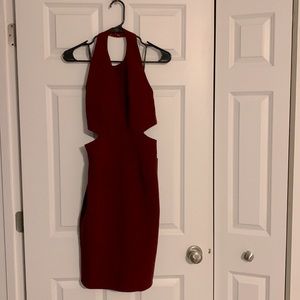 Burgundy/maroon halter cut out, midi dress. Open/tie back